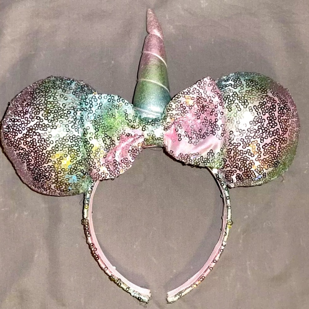 Disney Parks Minnie Mouse Ears Headband Sequin Bow Rainbow Unicorn Sparkle